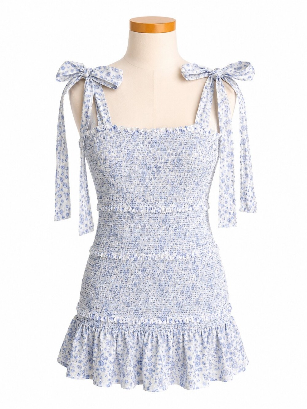 Love Shack Fancy Blue Floral Belle Smocked Mini Dress M Tie Sleeves-Romantic